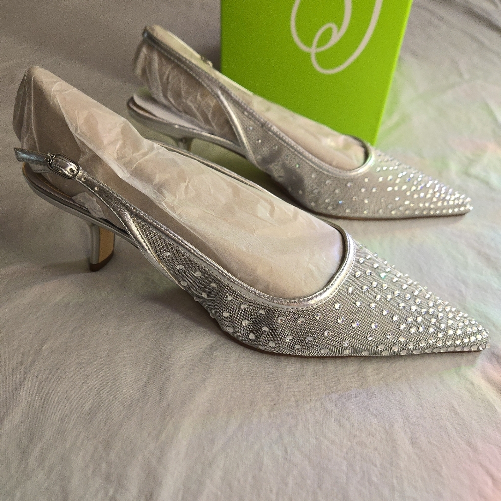 Sam Edelman Bianka Slingback Mesh Pointed Toe Pump Soft Silver Rhinestone Heels